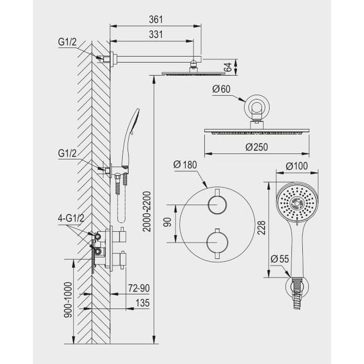 ZESTAW NATRYSKOWY TERMOSTATYCZNY PODTYNKOWY LIVA BLACK OD MOBI 10020202701BL