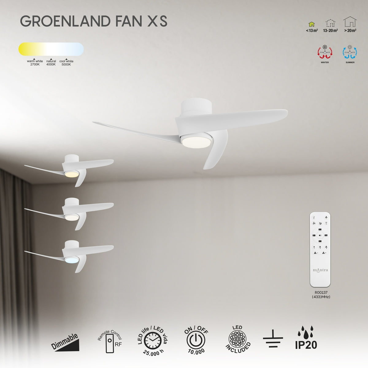 LAMPA WENTYLATOR SUFITOWY GROENLAND XS OD MANTRA 9061