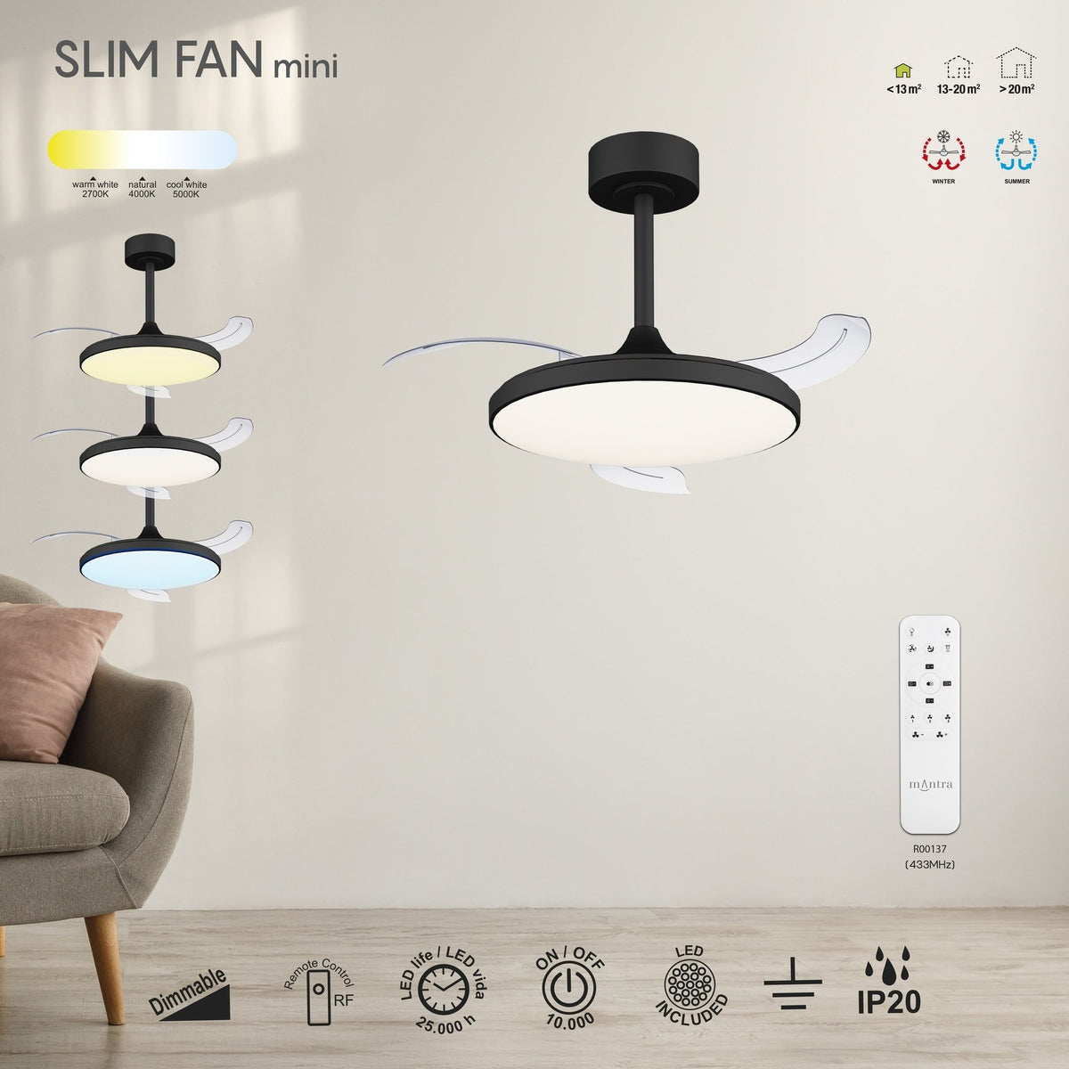 LAMPA WENTYLATOR SUFITOWY SLIM FAN MINI OD MANTRA 9056