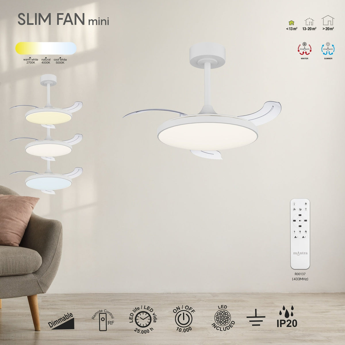 LAMPA WENTYLATOR SUFITOWY SLIM FAN MINI OD MANTRA 9008