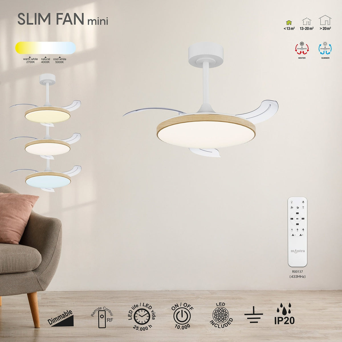 LAMPA WENTYLATOR SUFITOWY SLIM FAN MINI OD MANTRA 9009