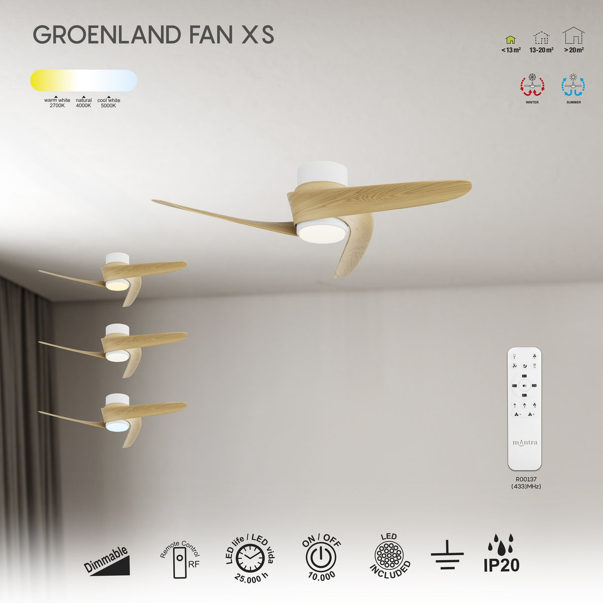 LAMPA WENTYLATOR SUFITOWY GROENLAND XS OD MANTRA 9065