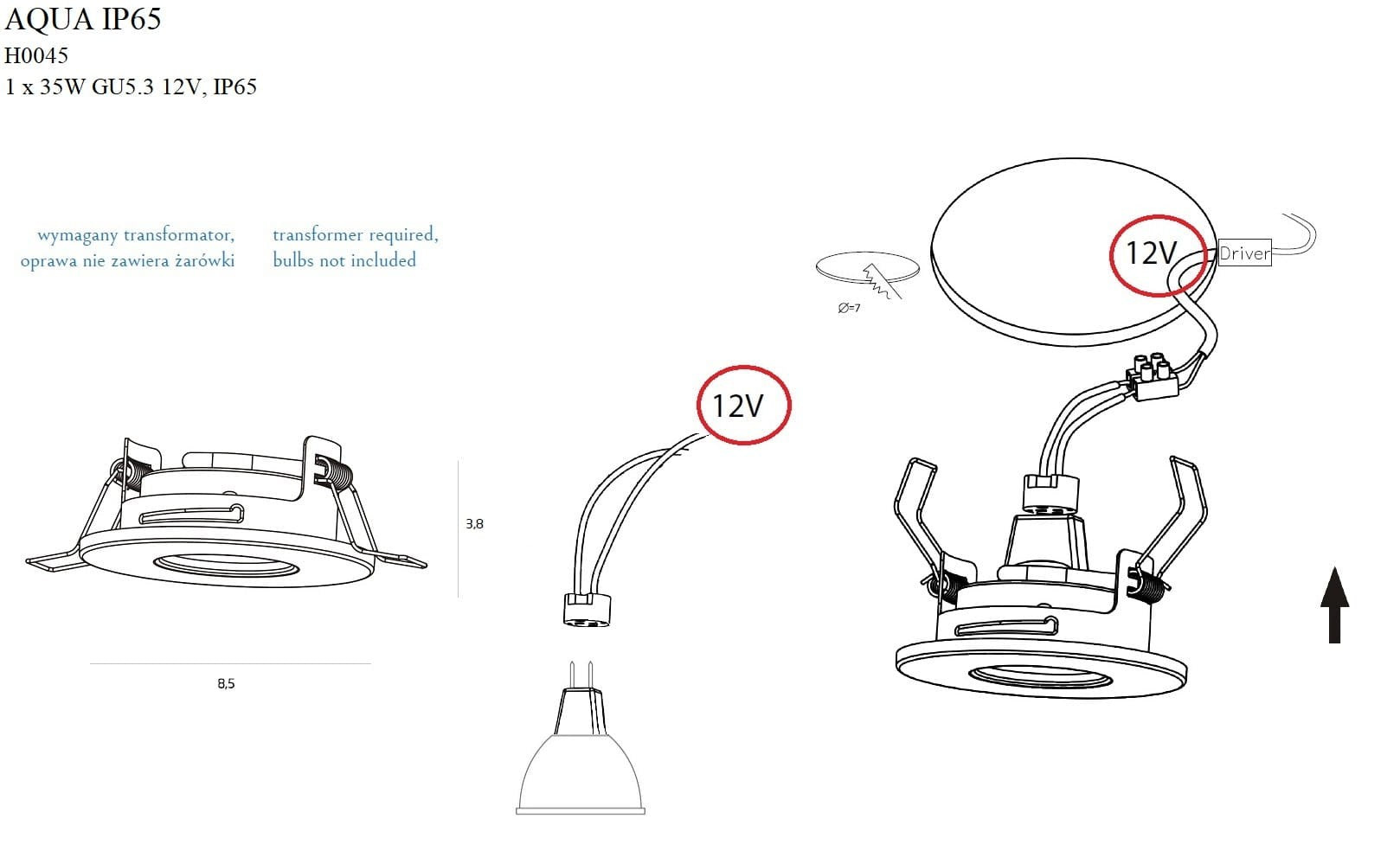 OŚWIETLENIE TECHNICZNE WPUSZCZANE AQUA CHROM OD MAXLIGHT H0045